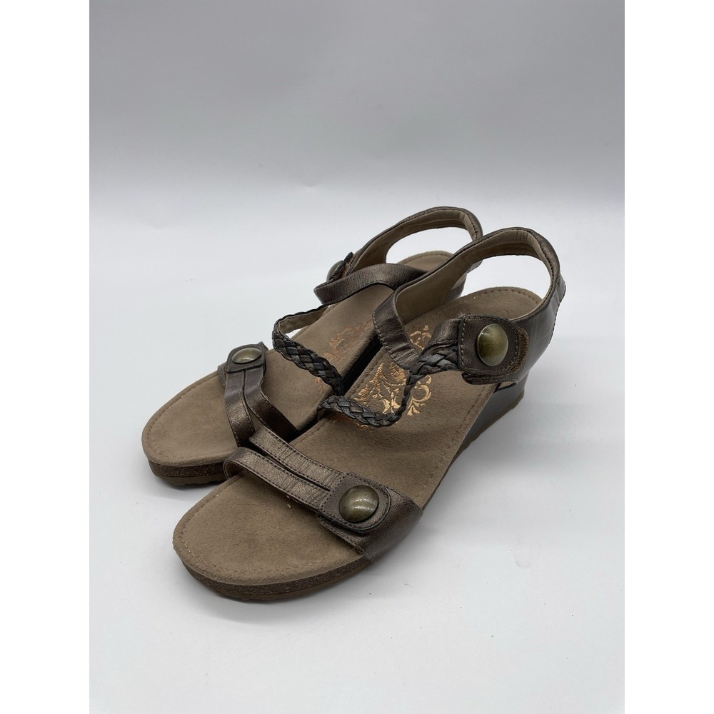 Aetrex Naya Braided Quarter Strapped‎ Bronze Wedge Leather Sandals Sz 42 10.5-11